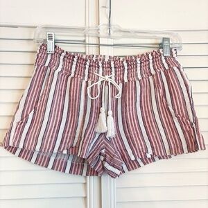 Roxy Pink and White Striped Mini Shorts Tie Tassel Elastic Cotton Size XS